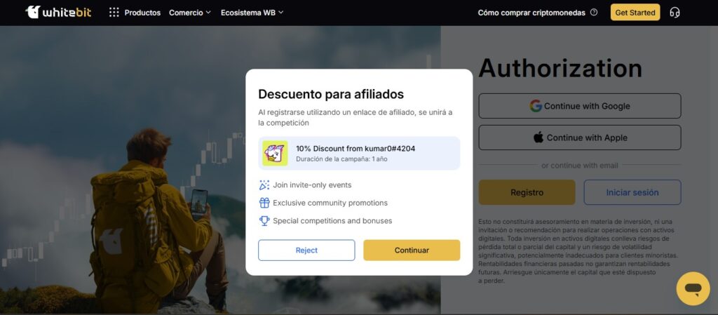 WhiteBIT Referral Code Applied during Sign-Up